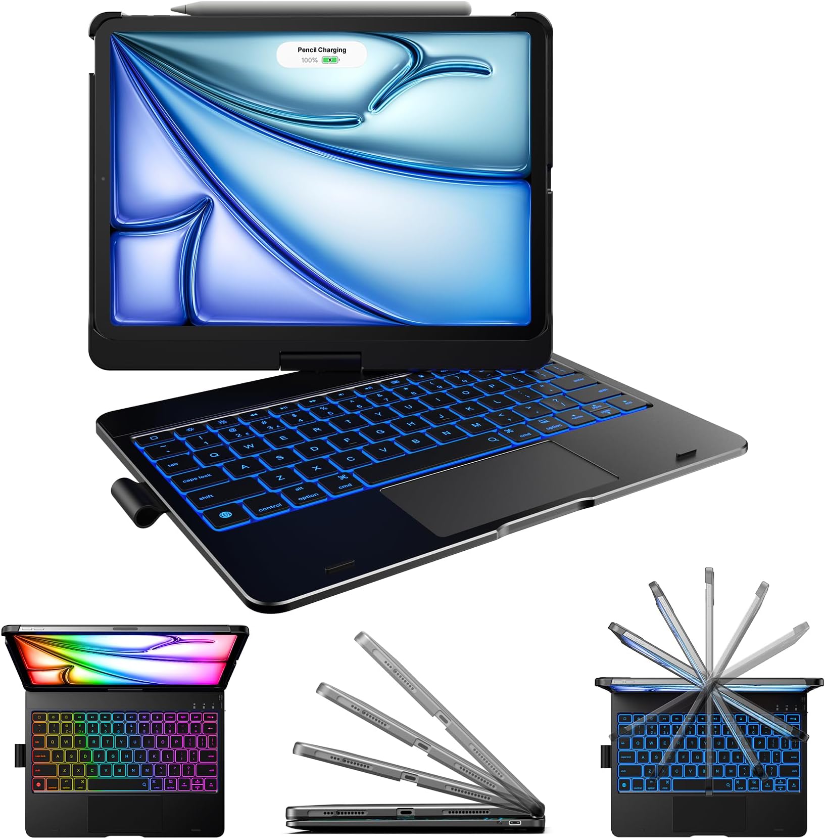 Touch Keyboard Case for iPad Air 11-inch(M4/M3/M2, 2026/2025/2024) & iPad Pro 11(4th/3rd/2nd/1st Gen),Multi-Touch Trackpad,11-Color Backlight,360°Rotatable for iPad Air 5/4th Gen, Black