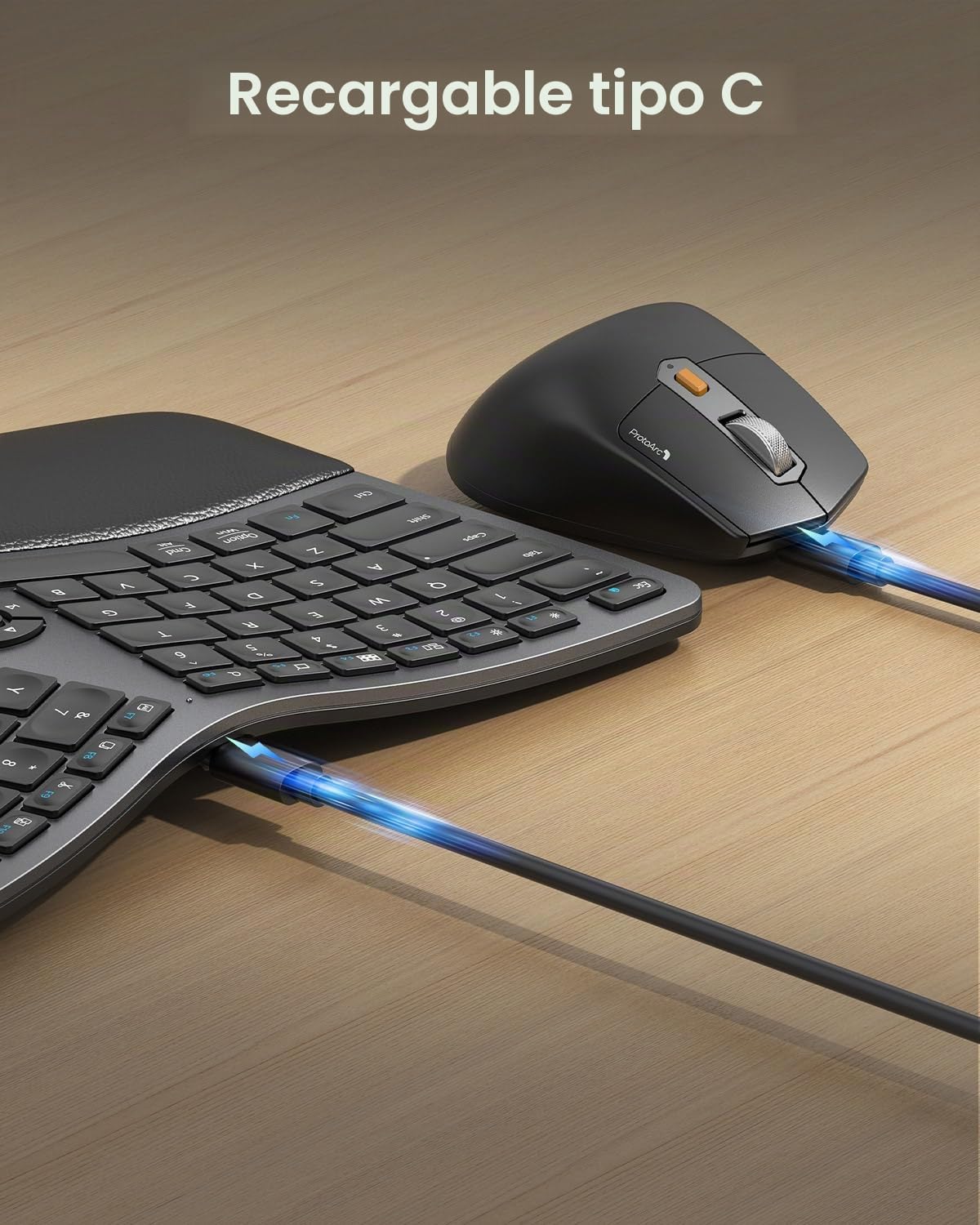 ProtoArc EKM01 Plus - Teclado ergonómico y mouse inalámbrico Bluetooth Ergo de tamaño completo, reposamanos acolchado, diseño dividido, recargable, compatible con Windows, Mac OS, gris y negro