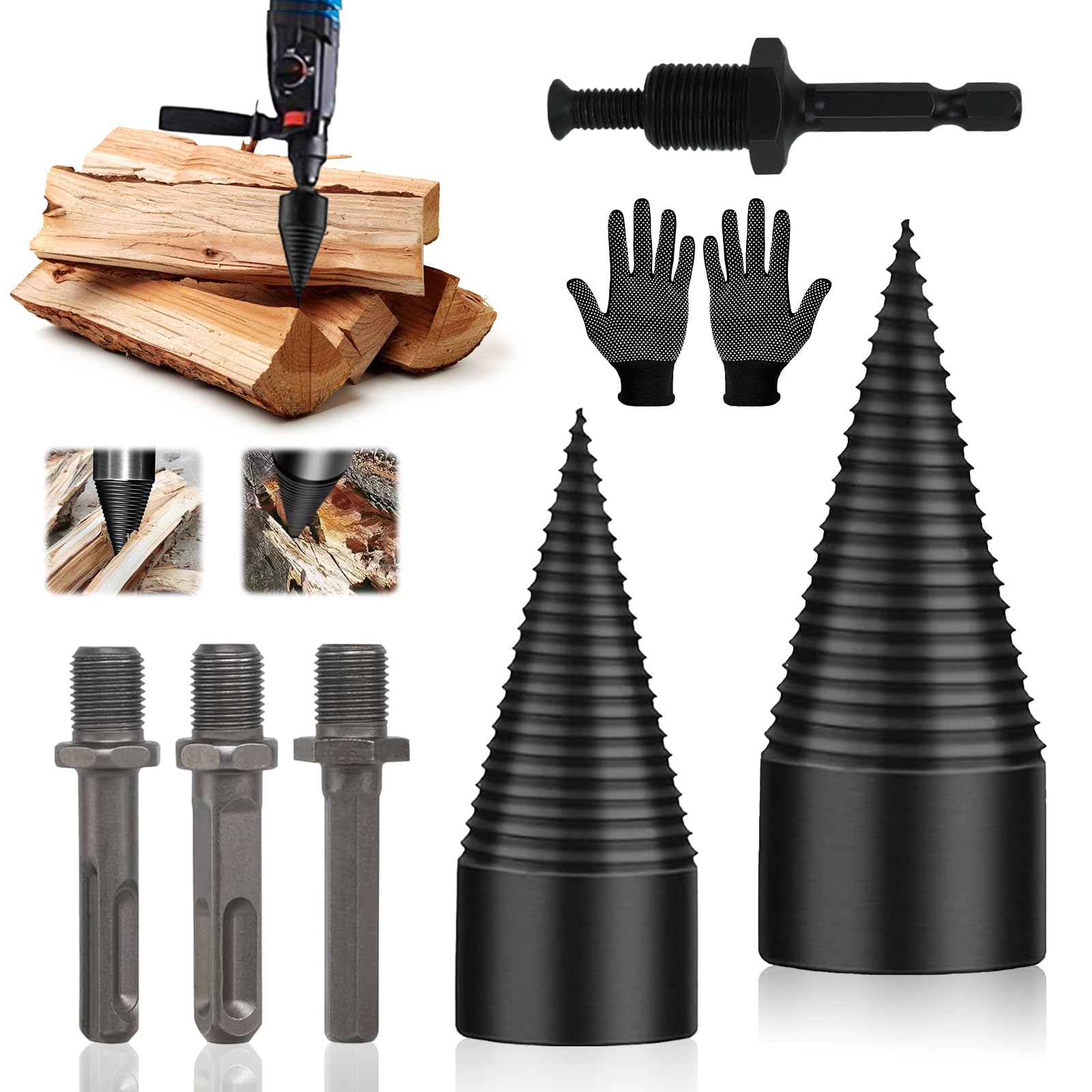 Foret À Bois pour Fendre du 42 mm + 32 mm, Fendeuse de Buches, Avec 4 Poignées de Forage, Tige Conique Fendeuse Bois, Foret Fendeur de Bois, Fendeuse de Bois pour Outil de Travail du Bois