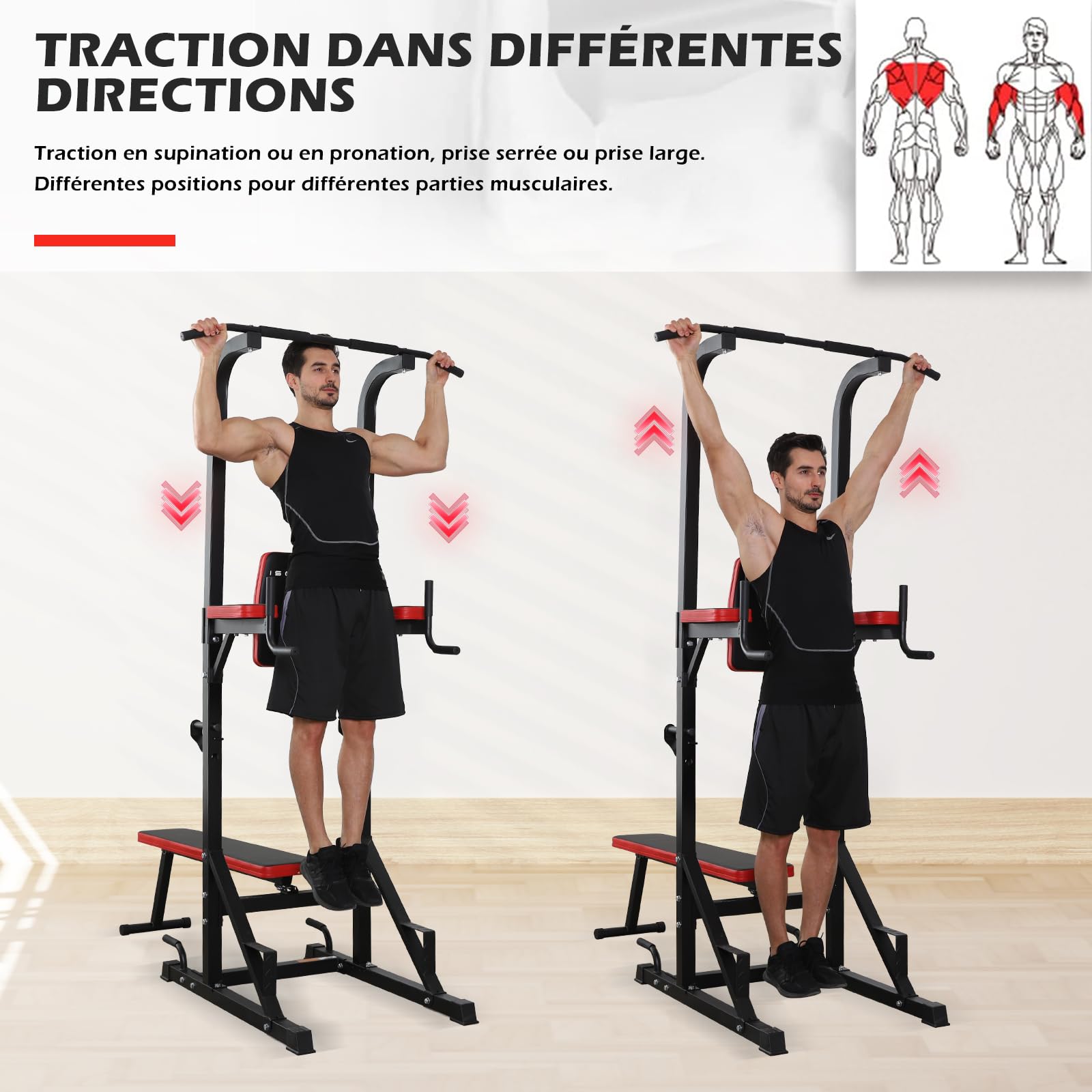 ISE Chaise Romaine Multifonction Barre de Traction Station avec Banc de Musculation pour Dips, Pompes, Développé-Couchés, Station Musculation, Chaises Romaine Complet Rouge/Noir 107x66x224CM
