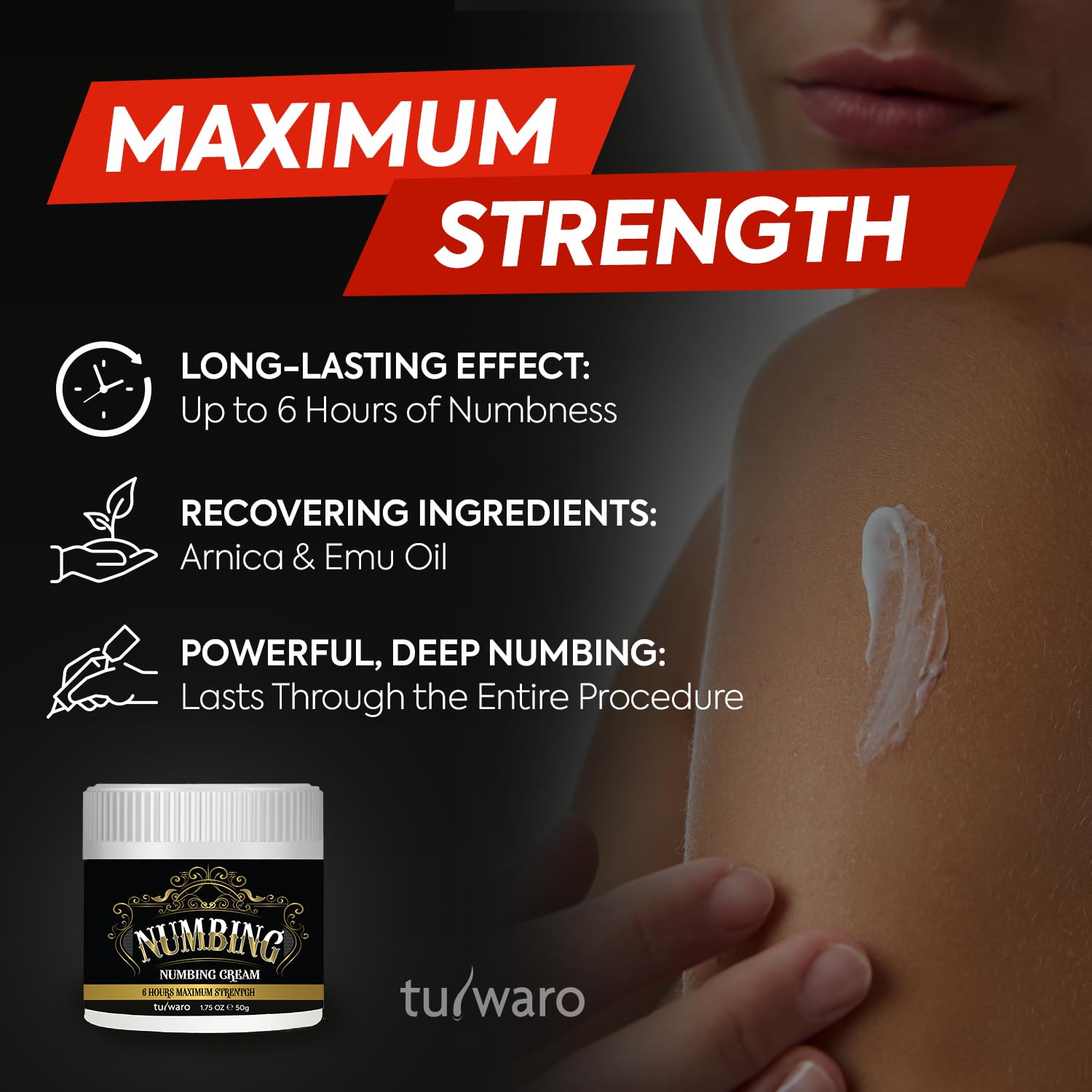 5% Lidocaine Numbing Cream Maximum Strength: for Pain Relief Itching Burning Soreness - Fast Acting & Long Lasting Numbness with Emu Oil and Arnica 50g — Amazon image 2