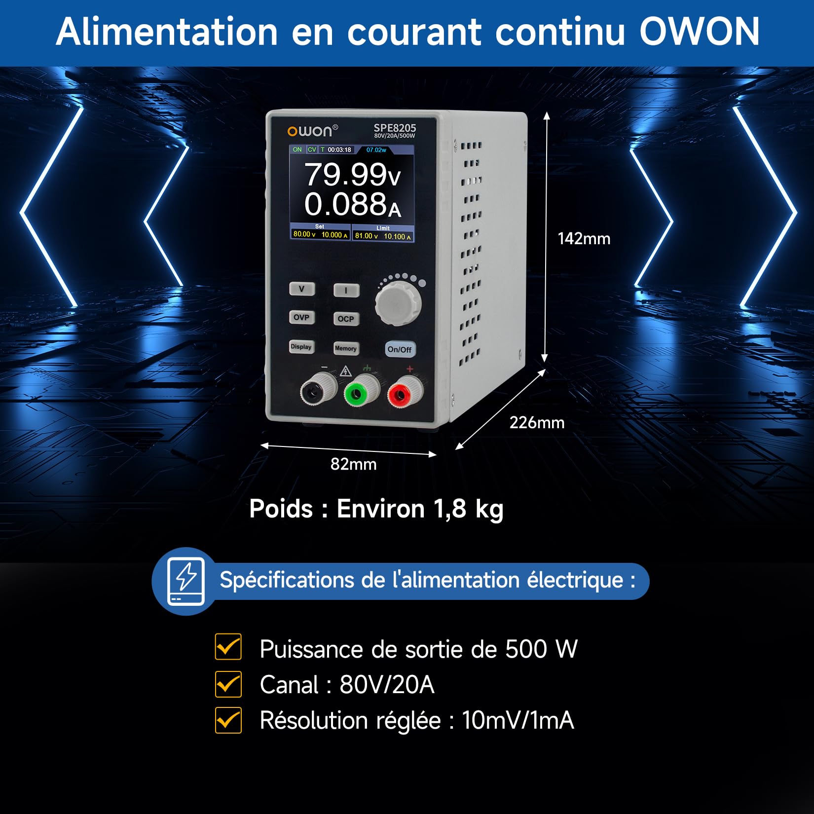 OWON SPE8205 Alimentation CC programmable (0-80 V 0-20 A), Puissance de Sortie 500 W, Ensemble d'alimentation de Banc résolution 10 mV/1 mA, Alimentation CC avec Sortie Stable