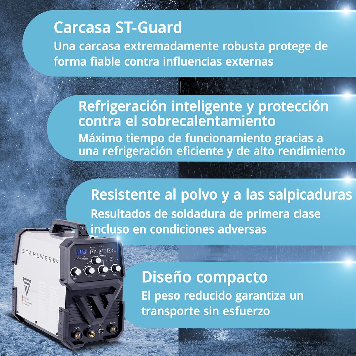 STAHLWERK Soldador combinado 2 en 1 AC/DC TIG 200 ST – Máquina de soldar TIG & MMA (Electrodo/ARC) hasta 200 A, encendido HF, Hotstart, Anti-Stick, modo 2T & 4T, soldadura AC TIG para aluminio, IGBT