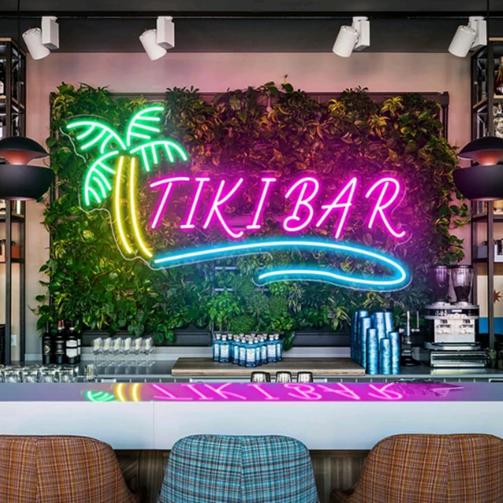 Tiki Bar Neon Sign, Custom Bar Palm Tree LED Neon Light Home Wall Decor Man Cave Club Pub Beer Shop Restaurant Decoration Personalized Gift Size:22x12inch