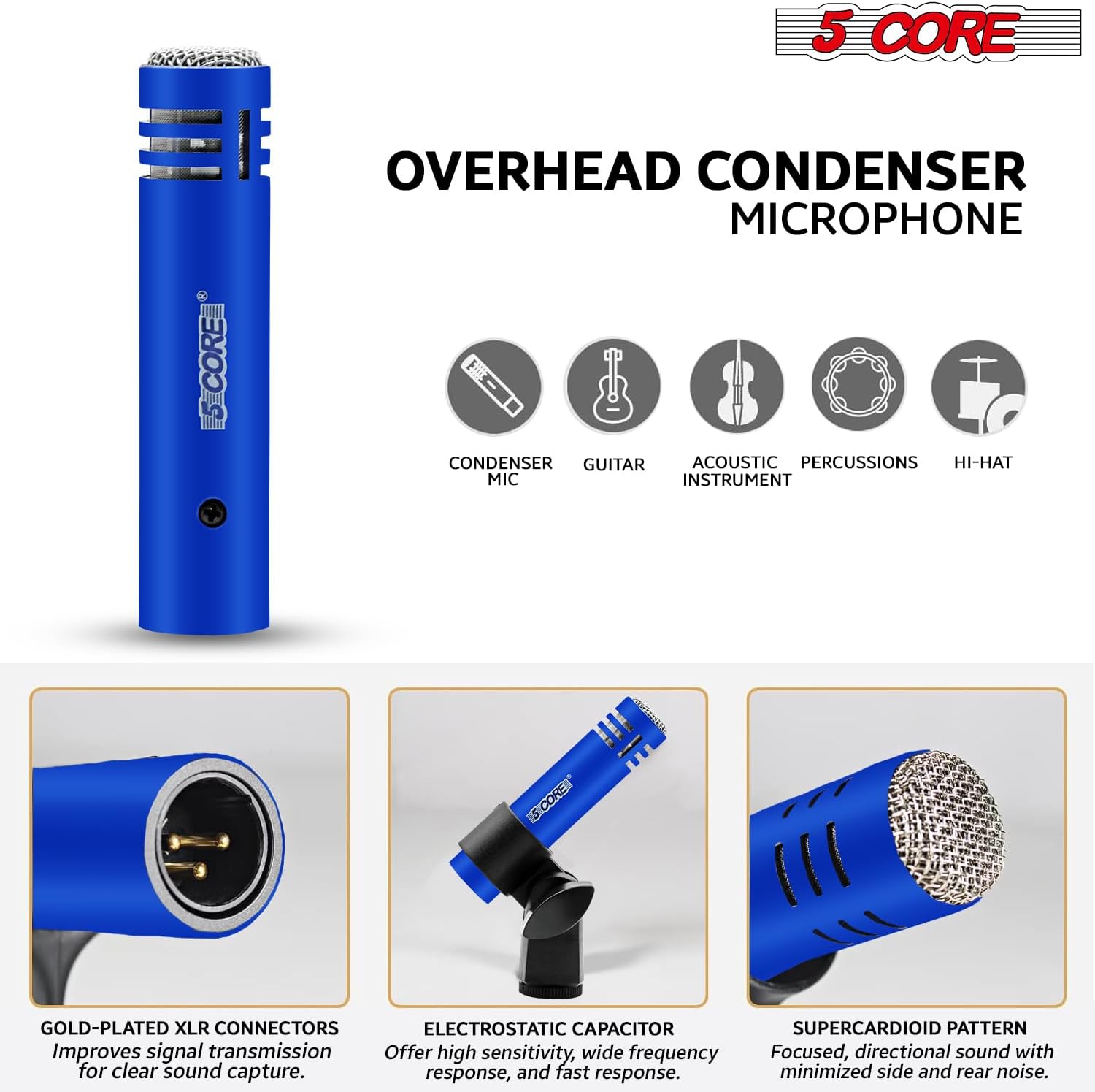 5 CORE Drum Microphone Kit 7 Piece All Metal Drummer Mics Instrument Set Professional Microfonos for Kick Bass Tom Snare Cymbals Blue - DM 7ACC BLU