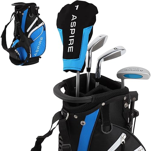 Aspire Junior Plus Kids Golf Clubs – Boys’ & Girls’ Right-Handed Golf Set with Lightweight Stand Bag, Graphite Shafts & Aircraft-Grade Aluminum Clubs