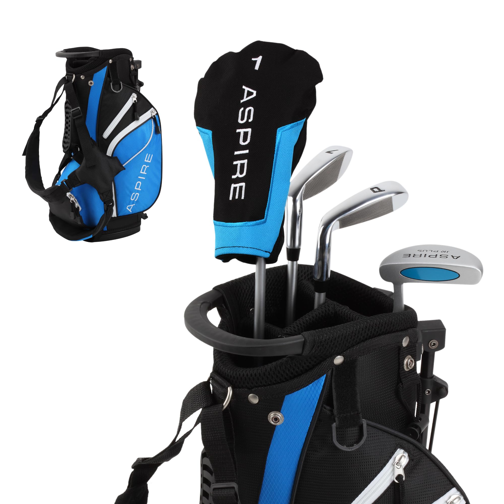 Aspire Junior Plus Kids Golf Clubs – Boys’ & Girls’ Right-Handed Golf Set with Lightweight Stand Bag, Graphite Shafts & Aircraft-Grade Aluminum Clubs