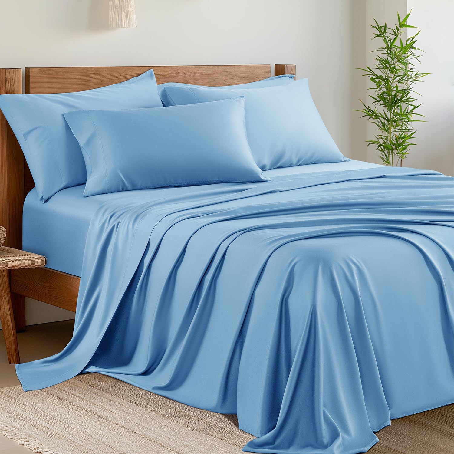 Shilucheng 6 Piece King Sheet Sets, Cooling Sheets, Blend Rayon Derived from Bamboo, Deep Pocket Up to 16", Breathable & Soft Bed Sheets, Hotel Silky Bedding Set, Lake Blue