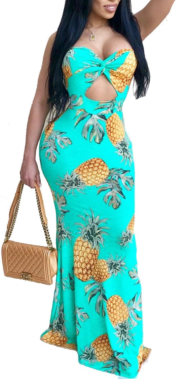 LightlyKiss Women's Sexy Off Shoulder Pineapple Floral Bodycon Party Beach Long Maxi Ladies Dress Cyan