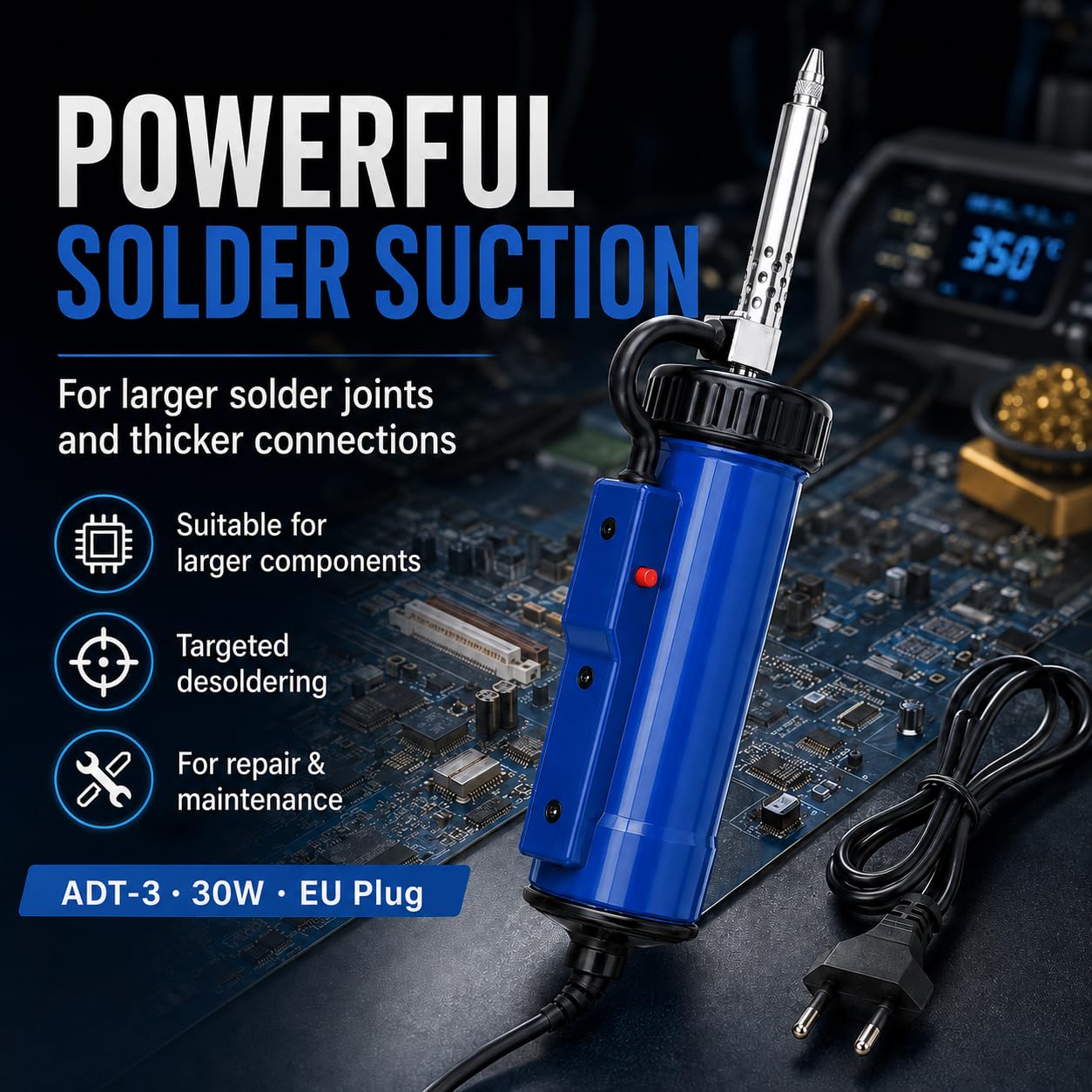 Pistola de Bomba Desoldadora, 30W ADT-3 Bomba Desoldador Ventosa Soldadura por Vacío Eléctrica Completamente Automáticapara para Desoldadura de Agujero Pasante, Enchufe Europeo 250V