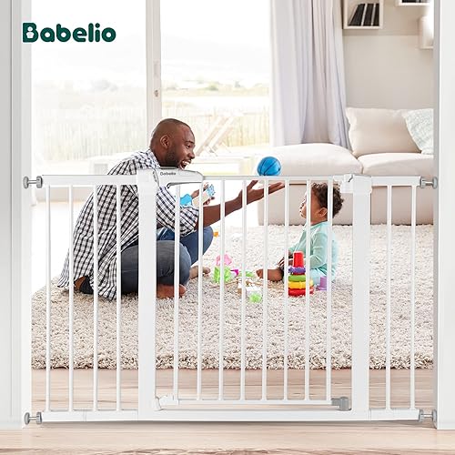 Miniatura 10 de BABELIO - Ganador del premio Mom's Choice - Puerta de metal para bebés de 26 a 40 pulgadas con patrón de madera, puerta de perro fácil de instalar,