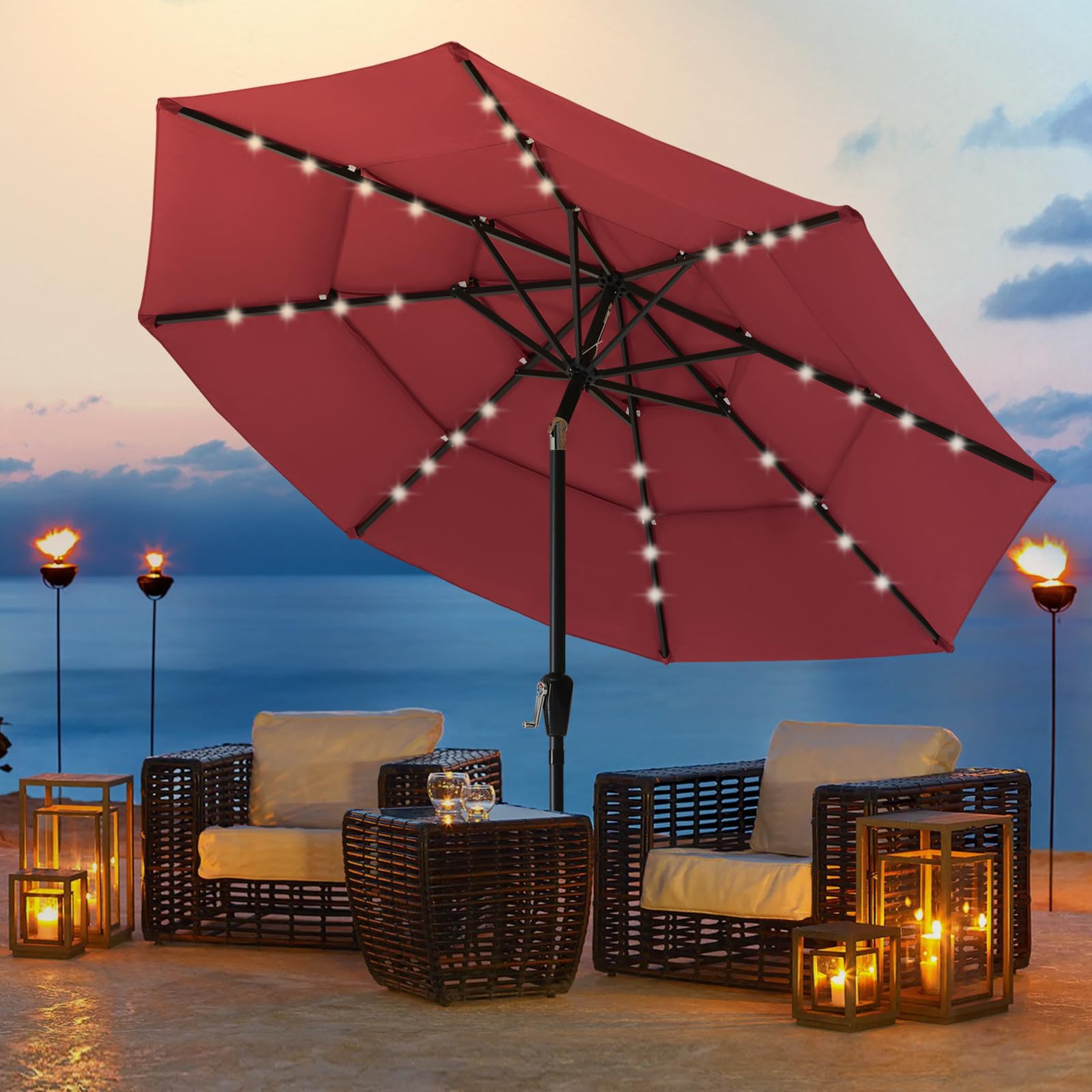 ABCCANOPY 11FT 3-Tier Solar Patio Umbrella, 32 LED Lights, Burgundy