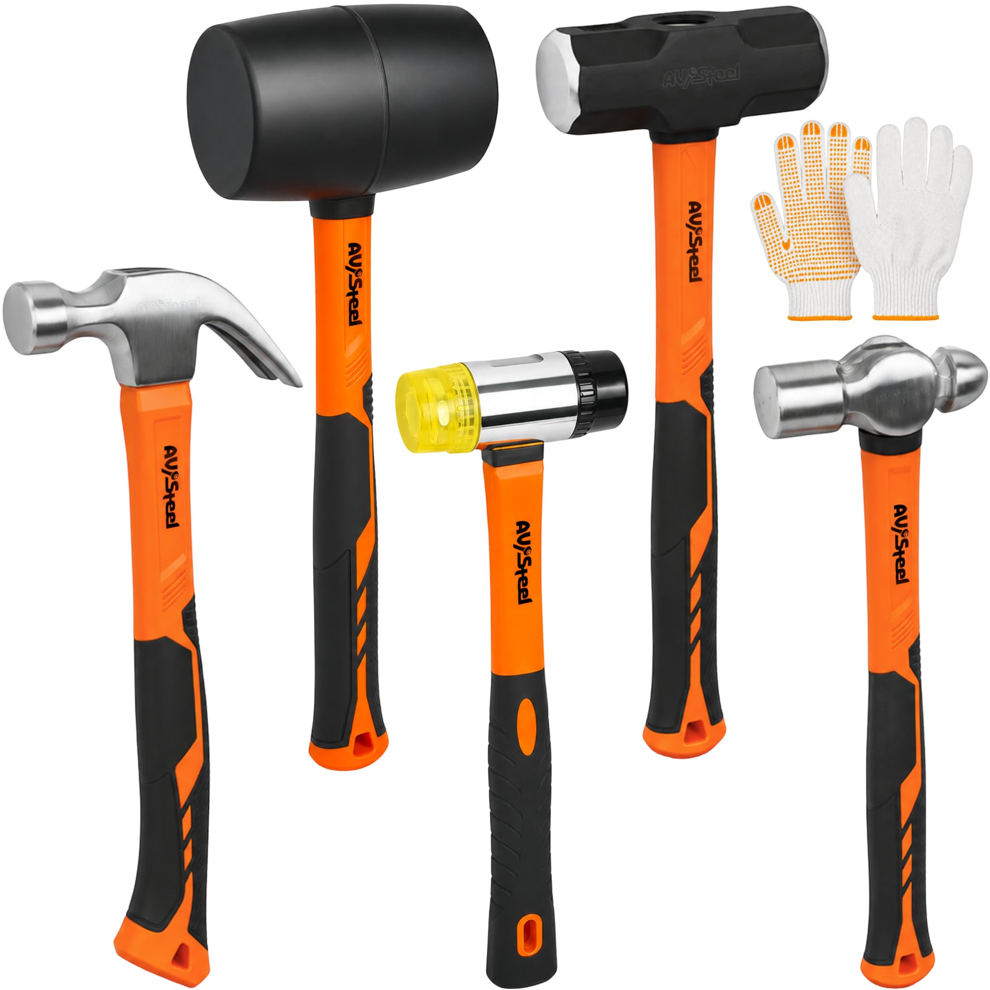 AV Steel 5er-Pack Schlägelhammer-Set – 907 g Gummihammer, 33 mm doppelseitiger Schlägel, 473 g Klauenhammer, 473 g Kugelhammer, 1,4 kg Schlitten und Handschuhe für Heimwerker und Reparaturen zu Hause