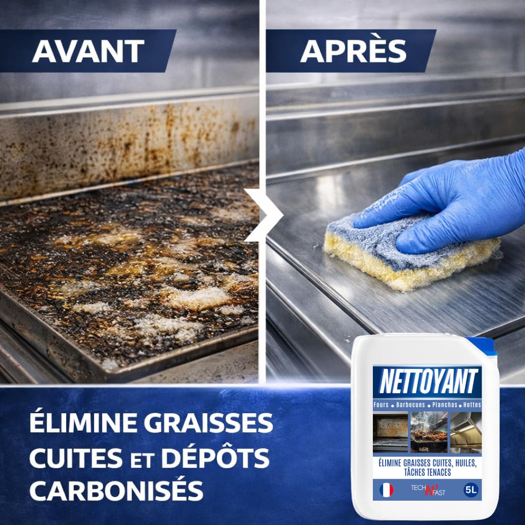 TECH N'FAST Dégraissant Plancha & BBQ Ultra Puissant 5L – Gel Nettoyant Professionnel pour Four, Hotte et Grill – Élimine Graisses Brûlées et Cuites – Fabriqué en France