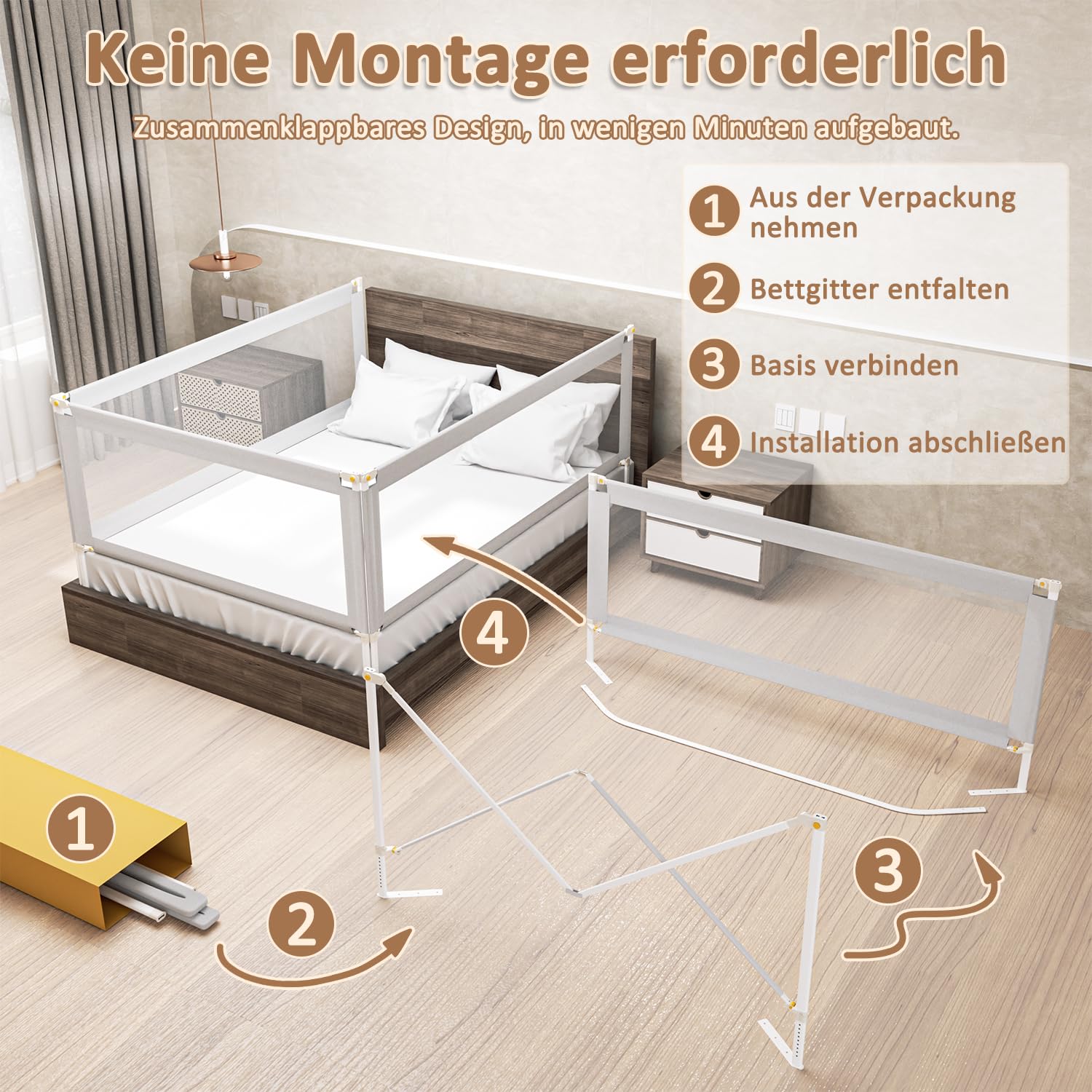 Eulenke Bettgitter Klappbar 200 cm, Bettgitter Rausfallschutz, Bettschutzgitter für Kinder Höhenverstellbar 68-95cm, einfache Montage Babybettgitter Kinderbettgitter