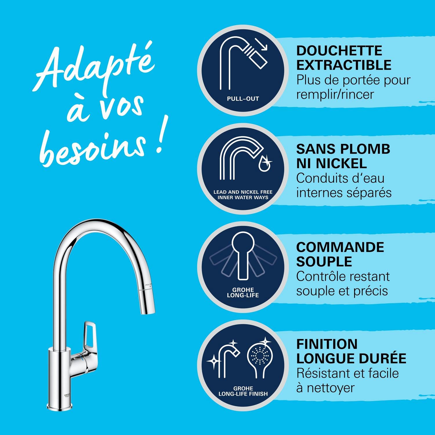 GROHE StartLoop Robinet de Cuisine, Mitigeur Monocommande Evier, Mousseur Extractible, Bec Haut, Zone de Rotation 360°, Chromé, 30556000