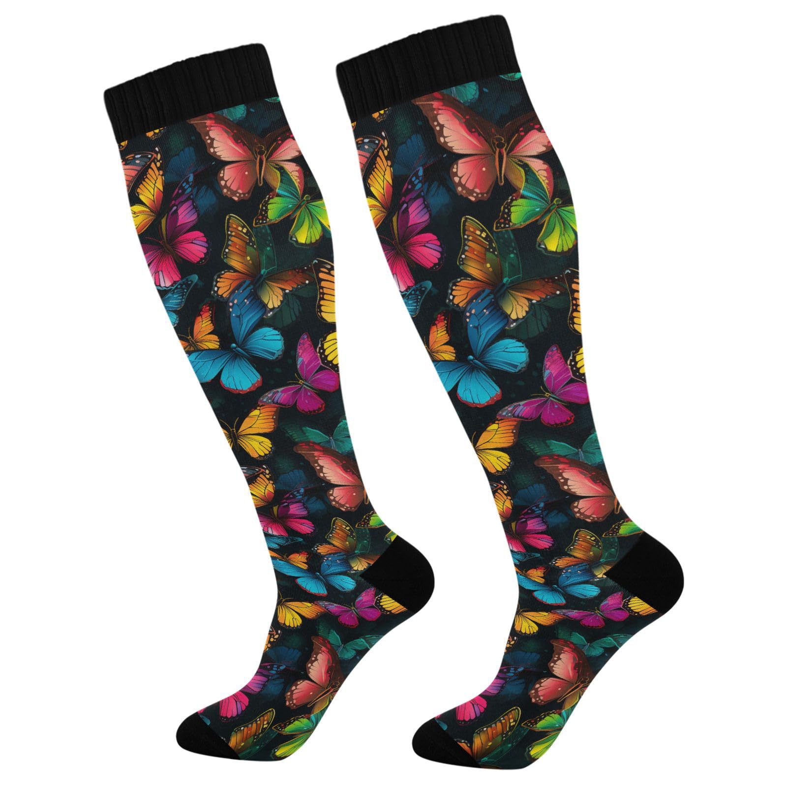 MFTJYO Colorful Butterfly Women's Compression Socks for Women Men Knee High Socks Long Circulation for Athletic Running