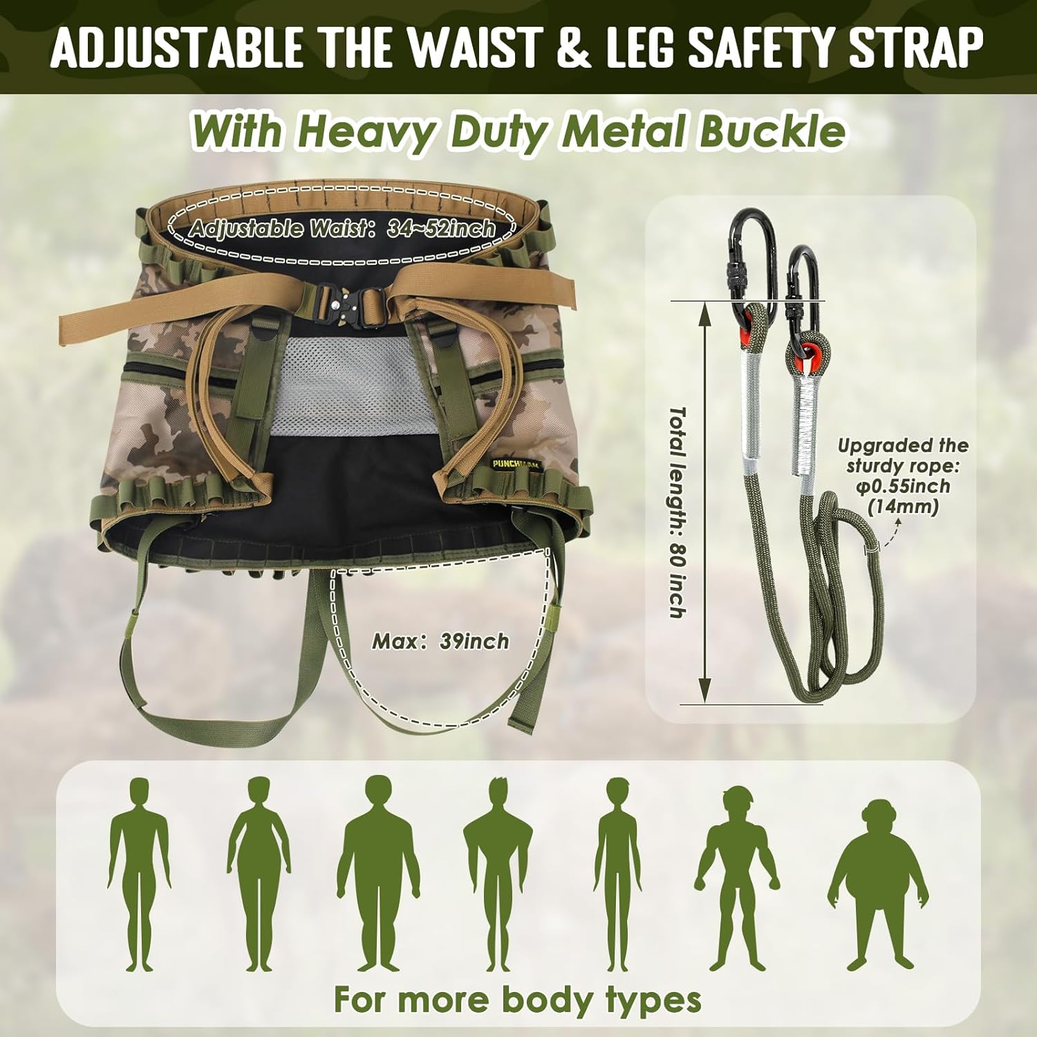 PUNCHMAN Camo Tree Saddle Hunting Kit-Heavy-Duty Hunting Saddle with EN362 Approved 25KN Climbing Carabiner and Bridge Rope,Adjustable Tree Climbing Saddle Holds up to 300 Lbs,Deer Hunting Accessories