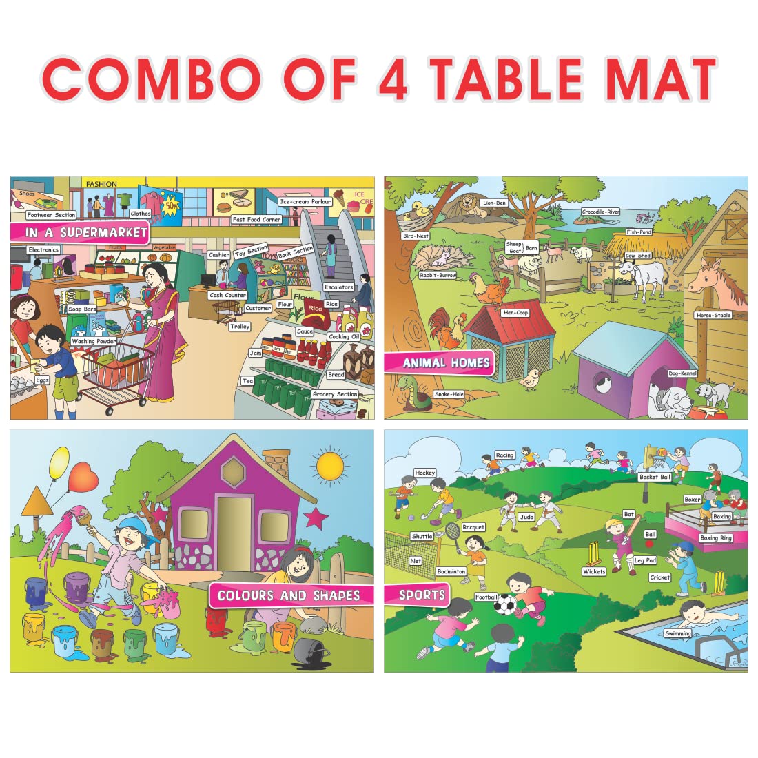Eoimart Picture Learning Educational Table Mats for Kids Set of 4(Size 12x18 Inch)Laminated