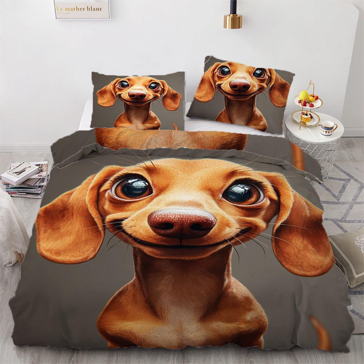 NDXRWDZR Single Bedding Set Brown Dachshund Duvet Cover for Kids Soft Hypoallergenic Microfiber Duvet Cover with Zipper Closure, 1 Duvet Cover 135x200 cm + 2 Pillowcases 50x75 cm