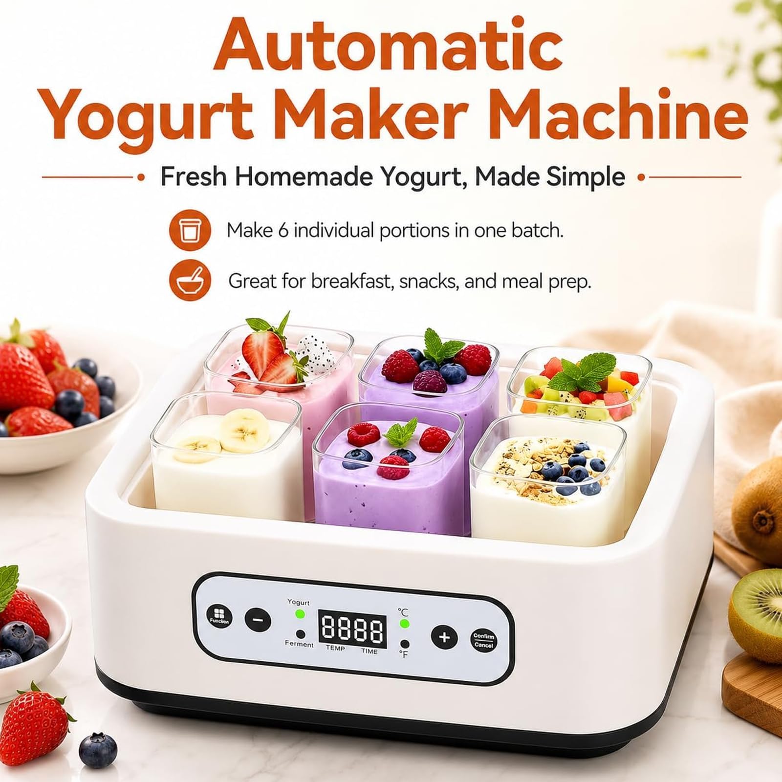 Yaourtière 1000 ml avec 6 pots en verre, machine à yaourt en acier inoxydable avec affichage LED, temps et température réglables sur 36 heures, pour dessert grec fait maison
