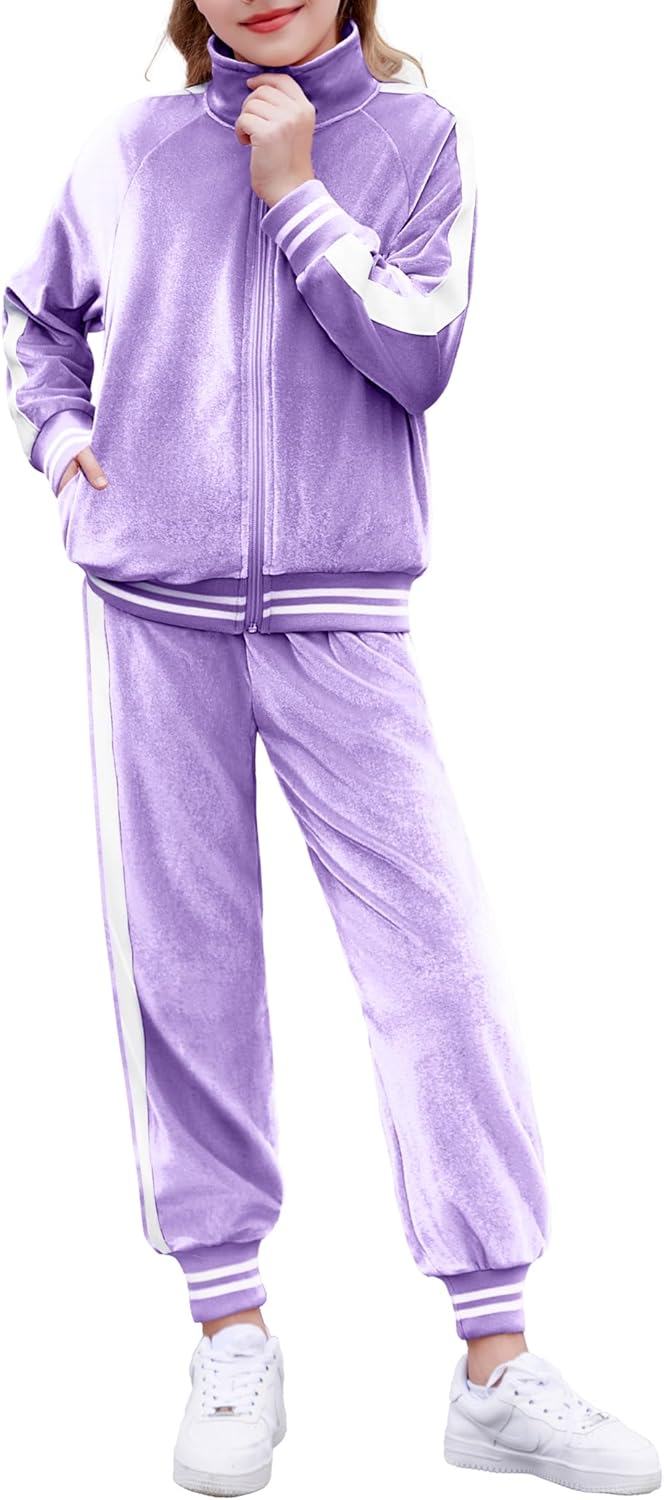 Zaclotre Girls 2 Piece Outfits Velour Tracksuit Zip Up Sweatshirt and Jogger Sweatpants Fall Winter Sweatsuits Set