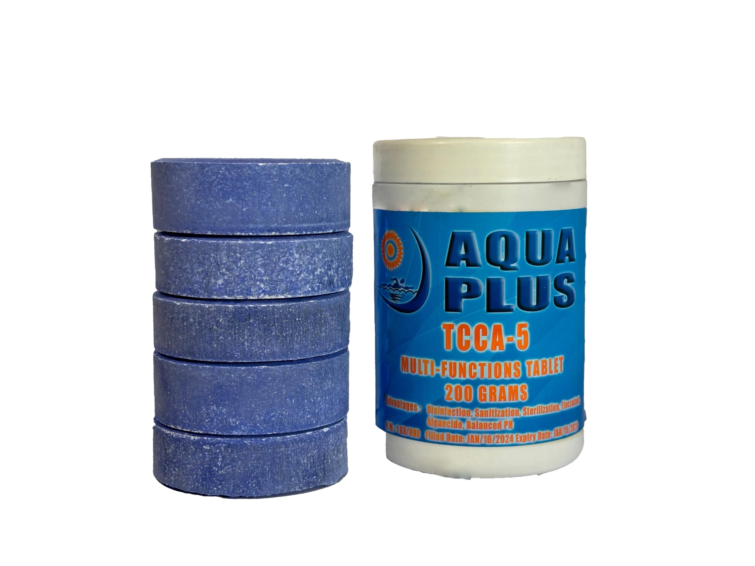 AQUA PLUS Slow-dissolving PREMIUM BLUE Chlorine Tablets 1KG for pool, spa, fountain, and water bacteria, Algae disinfection Treatment with Sunlight/UV protection, TCCA 3" 200g x 5 pcs