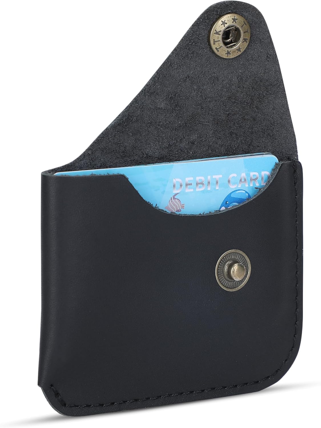 Black Leather Card Holder with Single Button Closure - Leather Card Wallet Holds Up to 4 Cards, Genuine Leather Credit Card Holder for Men & Women, Compact Credit Card Organizer for Daily Use