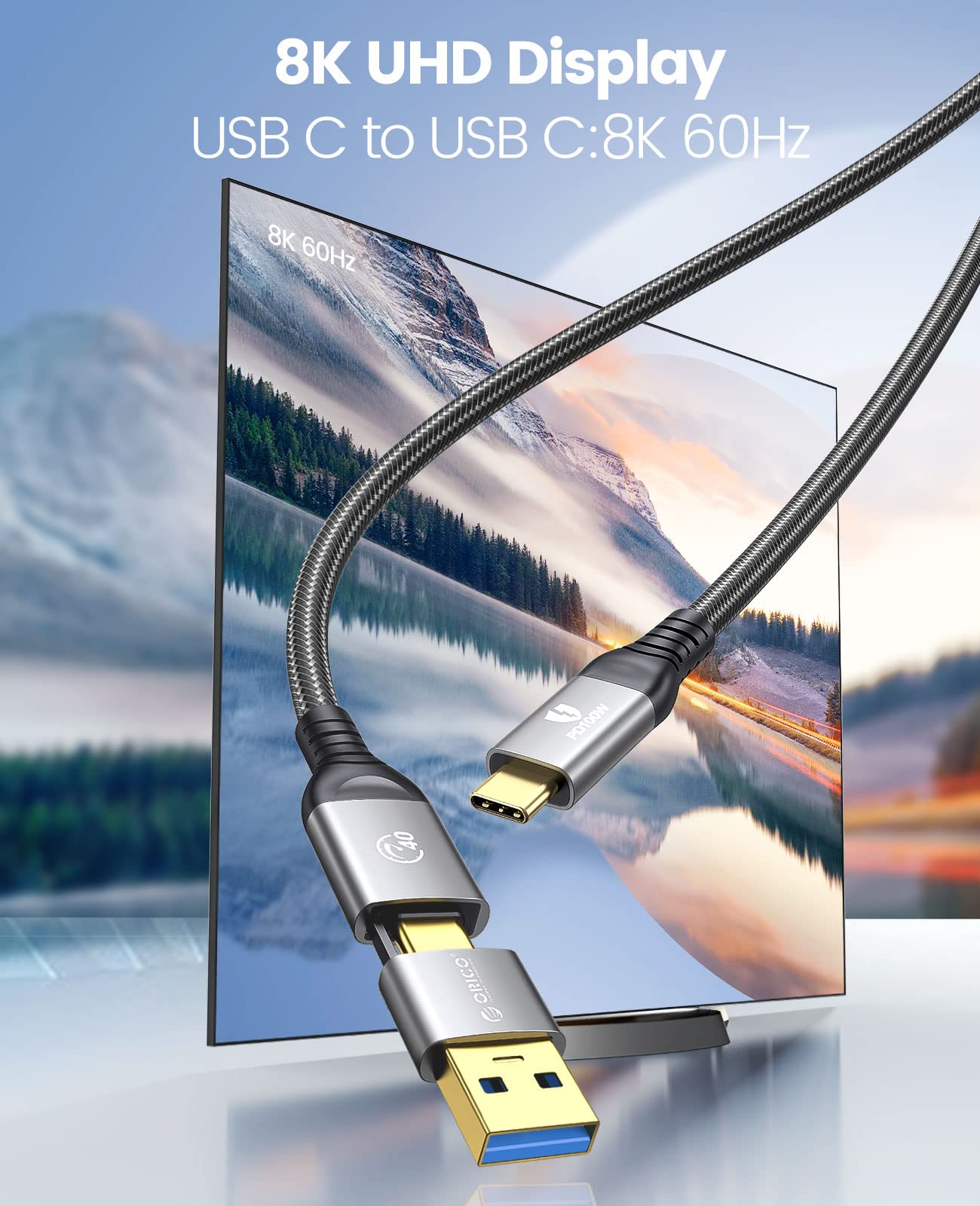 ORICO Cavo USB, Cavo di Ricarica Multi 2 in 1, Cavo di Ricarica Rapida 100 W PD, Cavo Dati Cellulare Tipo C 40 Gbps, Display 8K@60Hz, Compatibile con MacBook, iPad Pro, Hub, Dock,eGpu, 0.5M