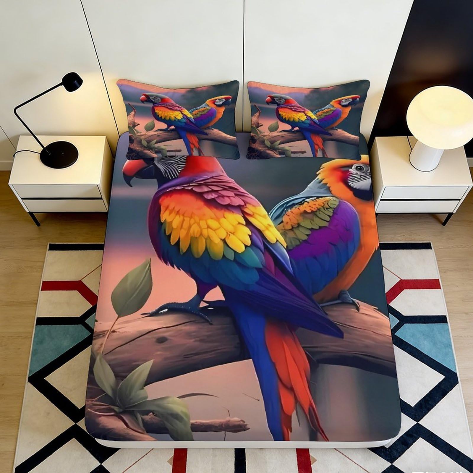 Jqzkxnhpbr Style-10 3D Printed Colorful Parrot Fitted Sheet Microfiber Soft Vibrant Bird Bed Cover For Bedroom Dorm Mattress Decor 90X200x25cm
