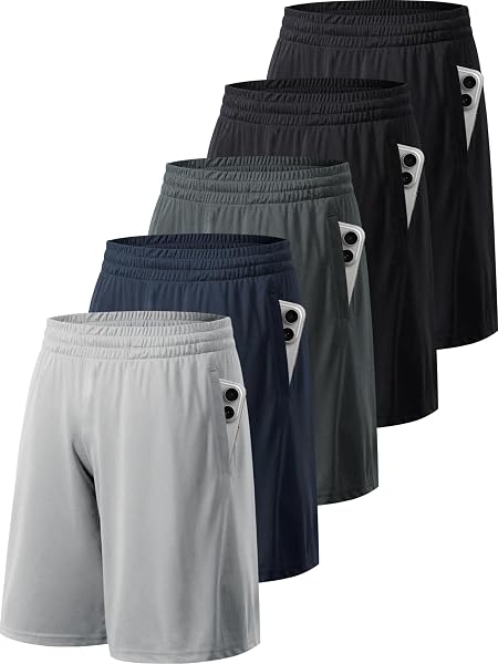 miijoory Lot de 5 Shorts Sport Homme, Shorts de Sport avec Poches et Taille Élastique, Séchage Rapide, pour la Running Gym Basket-Ball Fitness - 1
