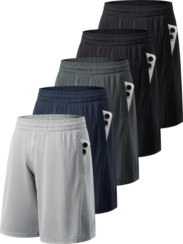 miijoory Lot de 5 Shorts Sport Homme, Shorts de Sport avec Poches et Taille Élastique, Séchage Rapide, pour la Running Gym Basket-Ball Fitness