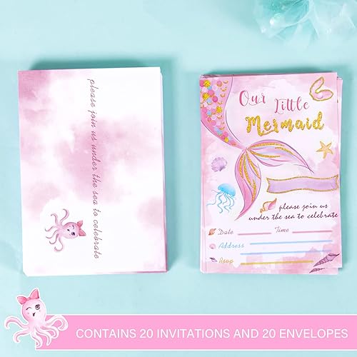 Miniatura 6 de WERNNSAI Invitaciones de fiesta de sirena de acuarela, suministros de fiesta de sirena, paquete de 20 tarjetas de invitación de 5 x 7 pulgadas con