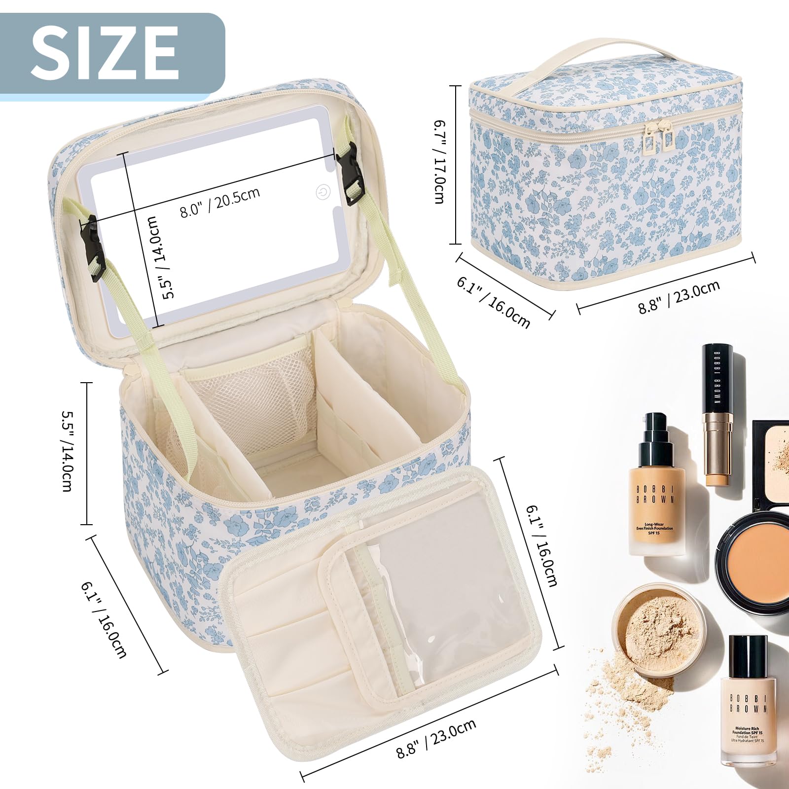 Makeup Bag with LED Mirror, 3-Color Light Travel Cosmetic Organizer