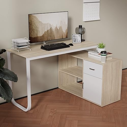 Cozy Castle Escritorio para computadora en forma de L, escritorio de oficina en casa de 53 pulgadas con gabinete de almacenamiento, mesa de estudio