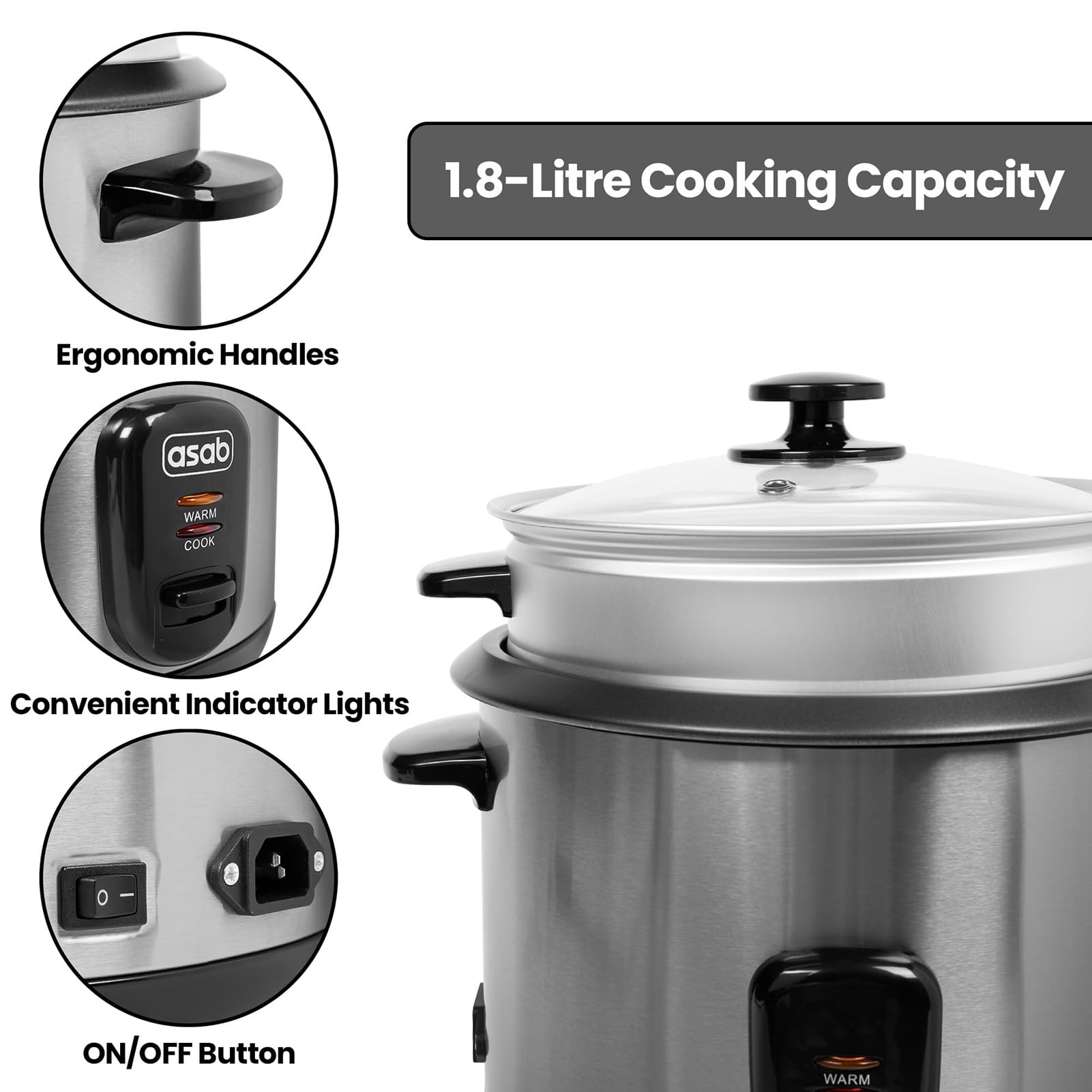 Cuociriso Con Vaporiera 2 In 1 - 2,2 Litri, 900 W, Colore Argento - Foto 4