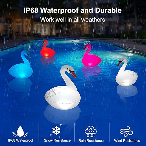 Miniatura 5 de Goallim Luces flotantes de cisne para piscina, 4 unidades, inflables, IP68, impermeables, cambio de color automático, luces LED de cisne, luces