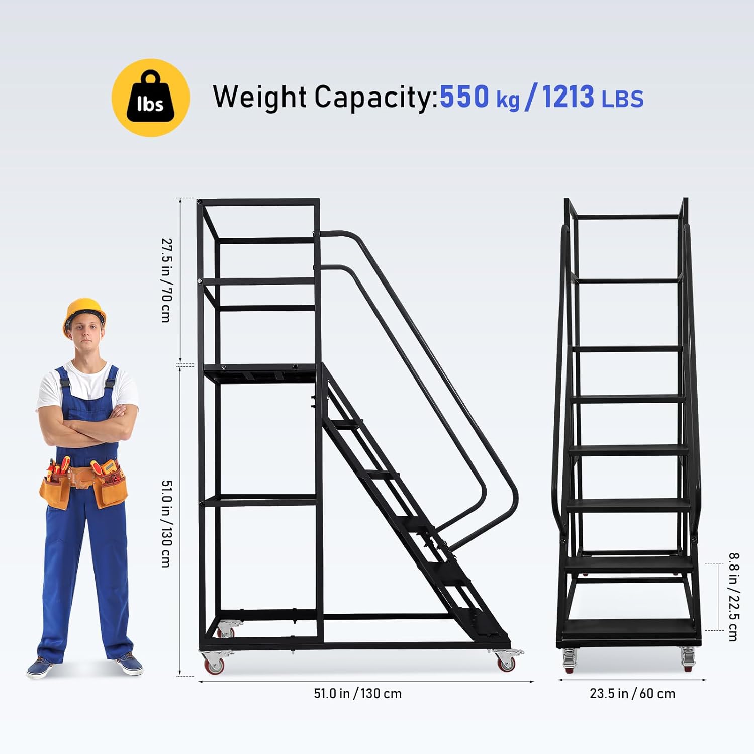 6-Steps Rolling Ladder with 4 Brake Wheels, 1213 LBS Capacity Heavy Duty Mobile Warehouse Ladder, Rolling Library Ladder with Safety Guardrail & Non-Slip Pedals for Garage, Industrial Storage, Black