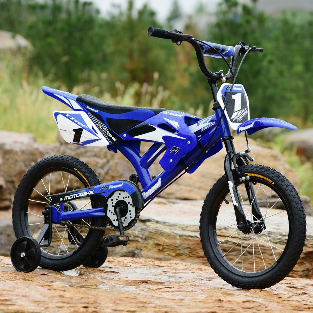 16/18 Zoll Motorrad-Stil Kinderfahrrad, Motorcross Fahrrad mit V-Brake Bremsen, Kinderfahrrad für Kinder im Alter von 4-9 Jahren mit Stützrädern und Schutzblech, 90% Vormontiert