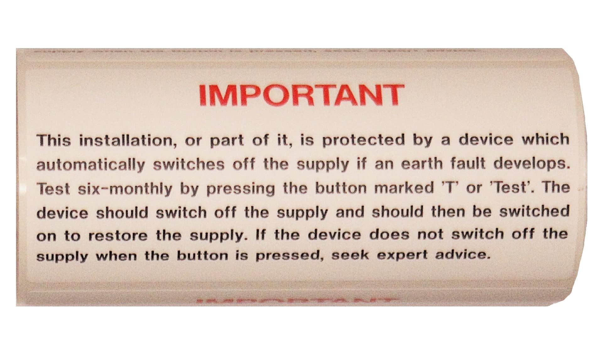 Warning Signs - R.C.D. TEST LABEL - S/A VINYL - 100 LABELS ON A ROLL