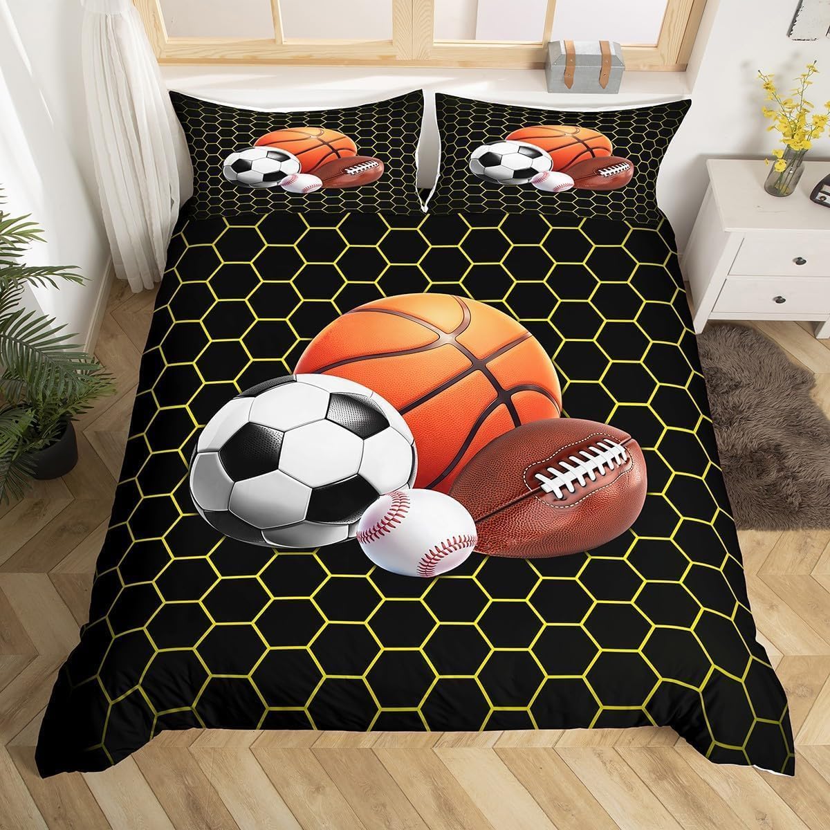 Poszwa na kołdrę 220 x 240 Piłka sportowa Pościel Piłka nożna Koszykówka Mikrofibra Druk 3D Poszewka Edredon 220x240 cm z zamkiem błyskawicznym i 2 poszewkami na poduszki B-3744