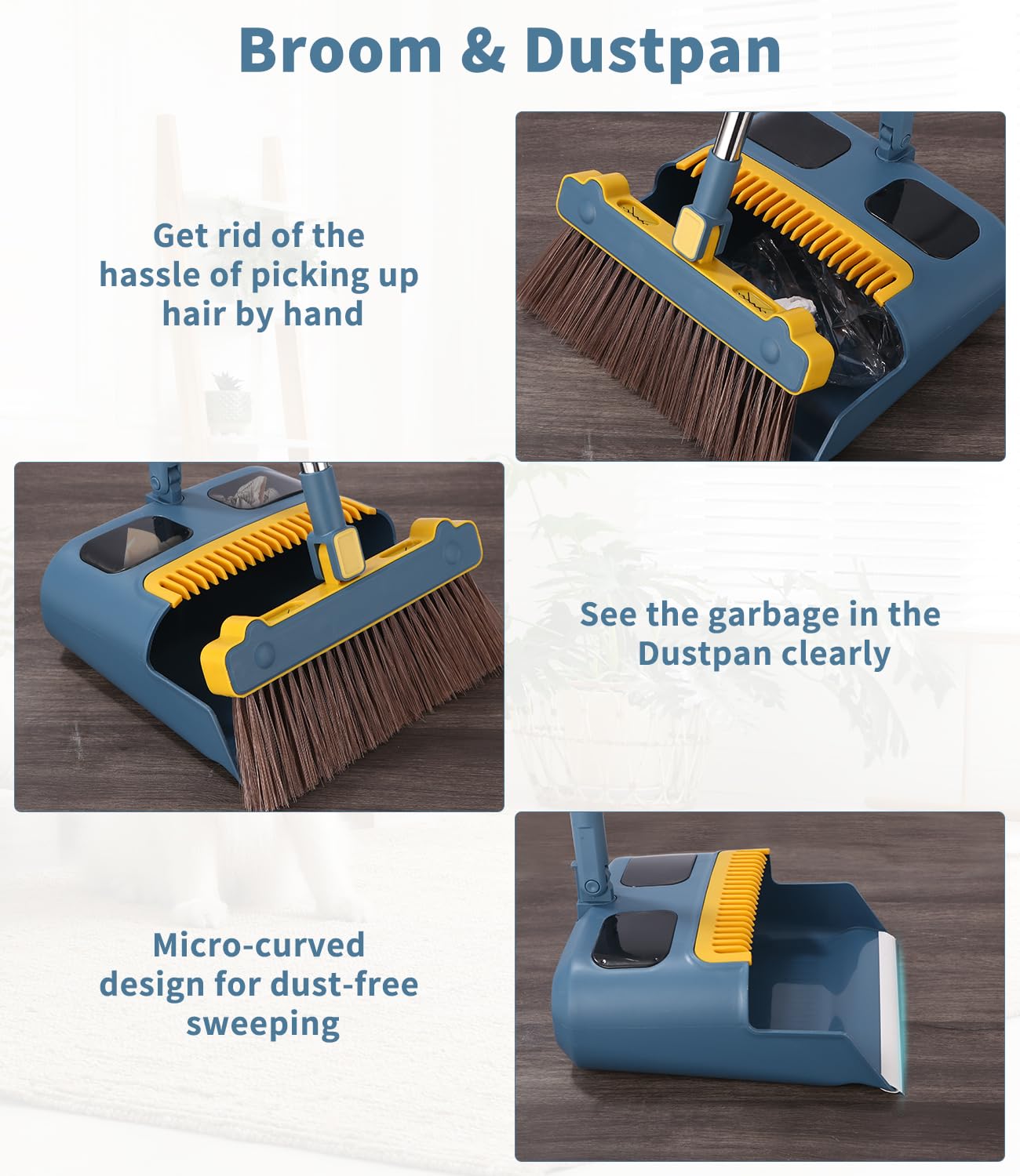LEAZZLE Escoba y Recogedor Plegable con Mango Largo, Giratorio 180° para Interior Cocina