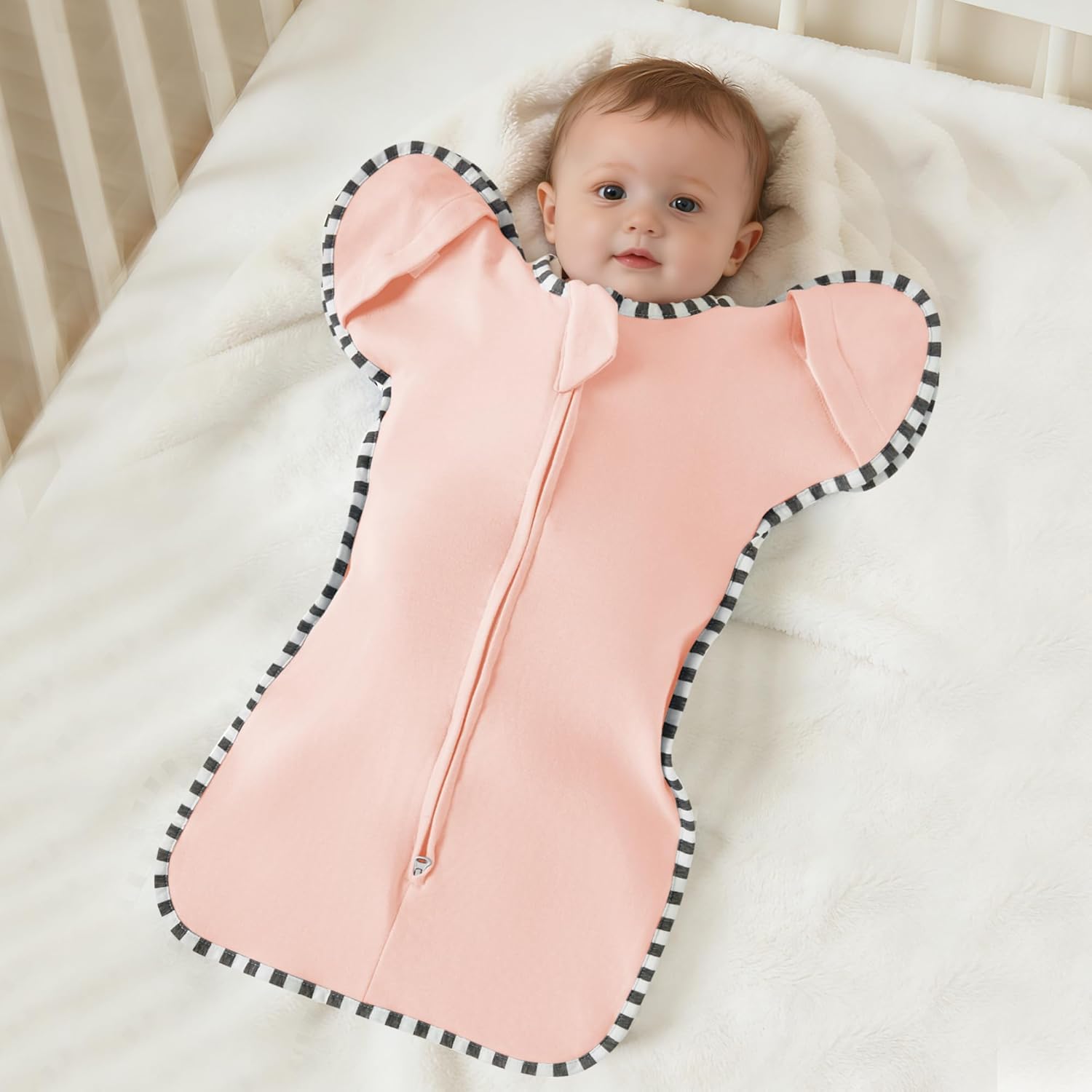 Soft Cotton Swaddle Blanket, Arms Up Baby Sleep Transitional Swaddle Sack Wearable Sleeping Bag for Boy Girl (Pink + Beige, L(6-9 Months))