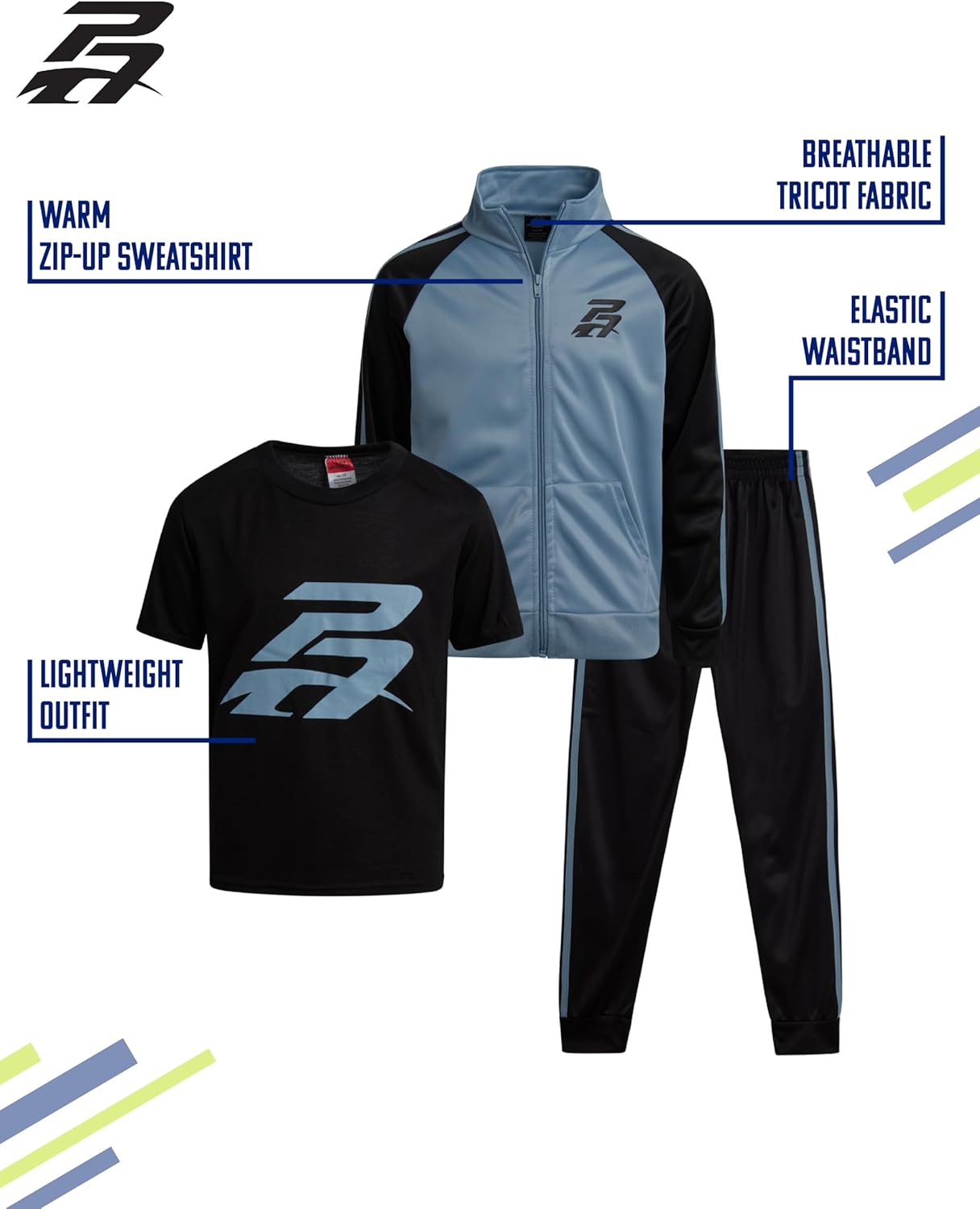 Pro Athlete Boys Tracksuit Set - 3 Piece Breathable Tricot Zip Up Sweatshirt Athletic Graphic Tees & Jogger Sweatpants - Image 2