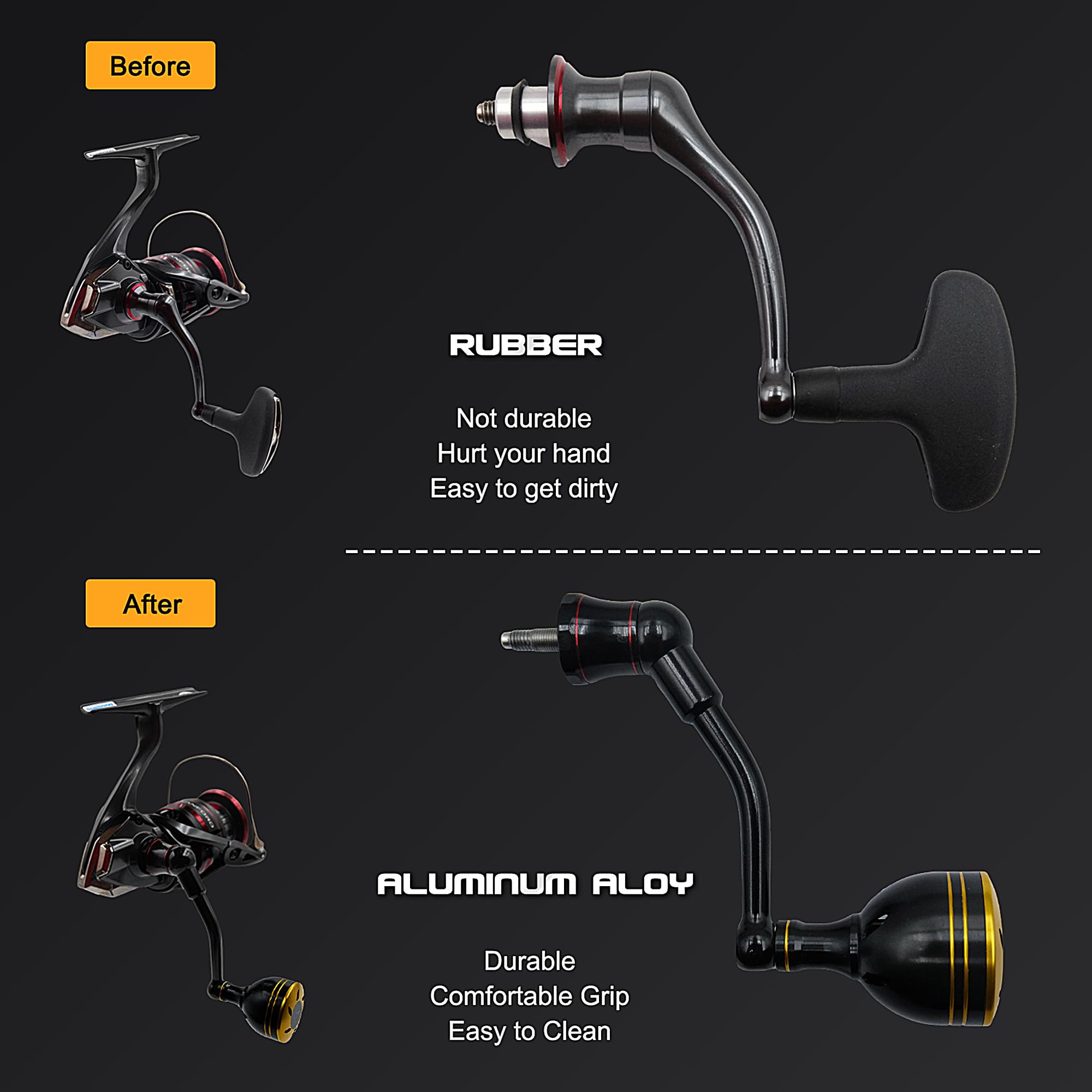 Mango de potencia de 63 mm compatible con Shimano Stradic FL/FM, Stella, Vanford, Vanquish, Nasci, reemplazo de carrete giratorio, mango de carrete de pesca dorado/negro