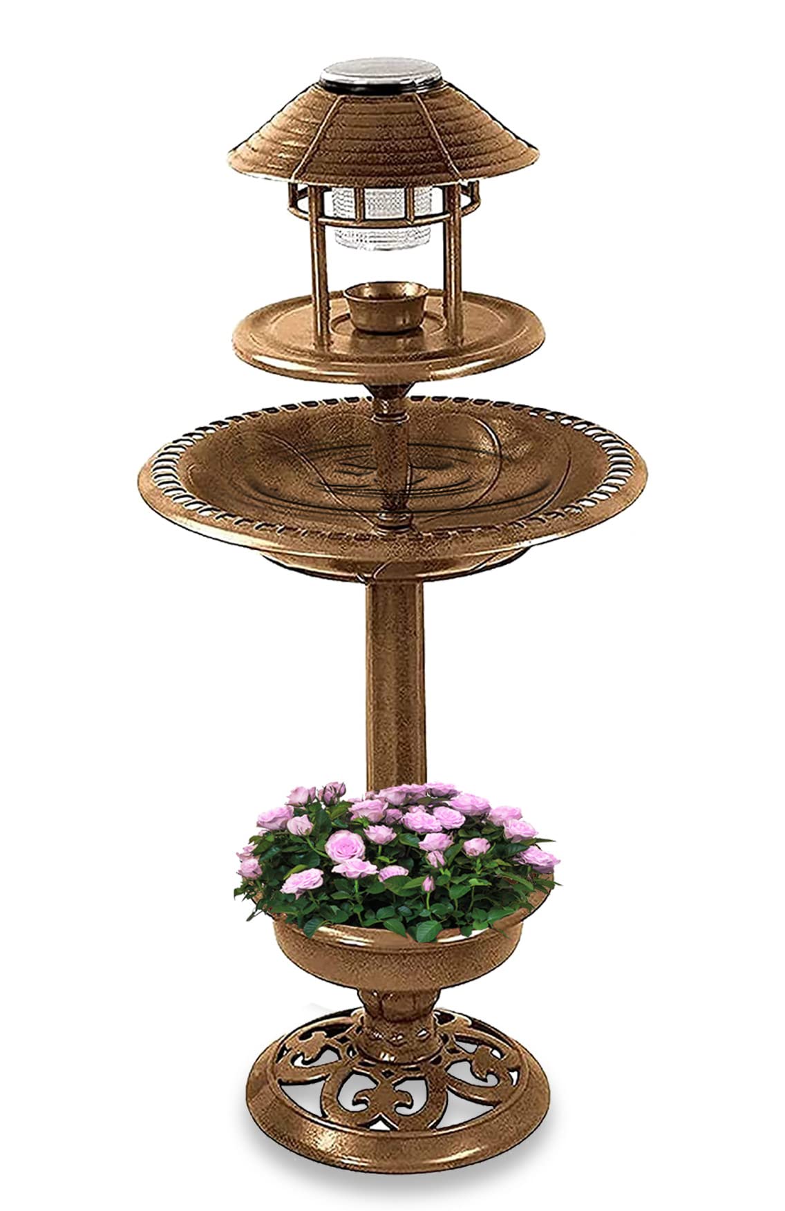 rightclick 3 In 1 Outdoor Solar Garden Bird Bath w/Planter Base, White LED Light Weather Resistant Antique Brass Effect Lightweight & Portable Garden Ornament (50 x 103cm)