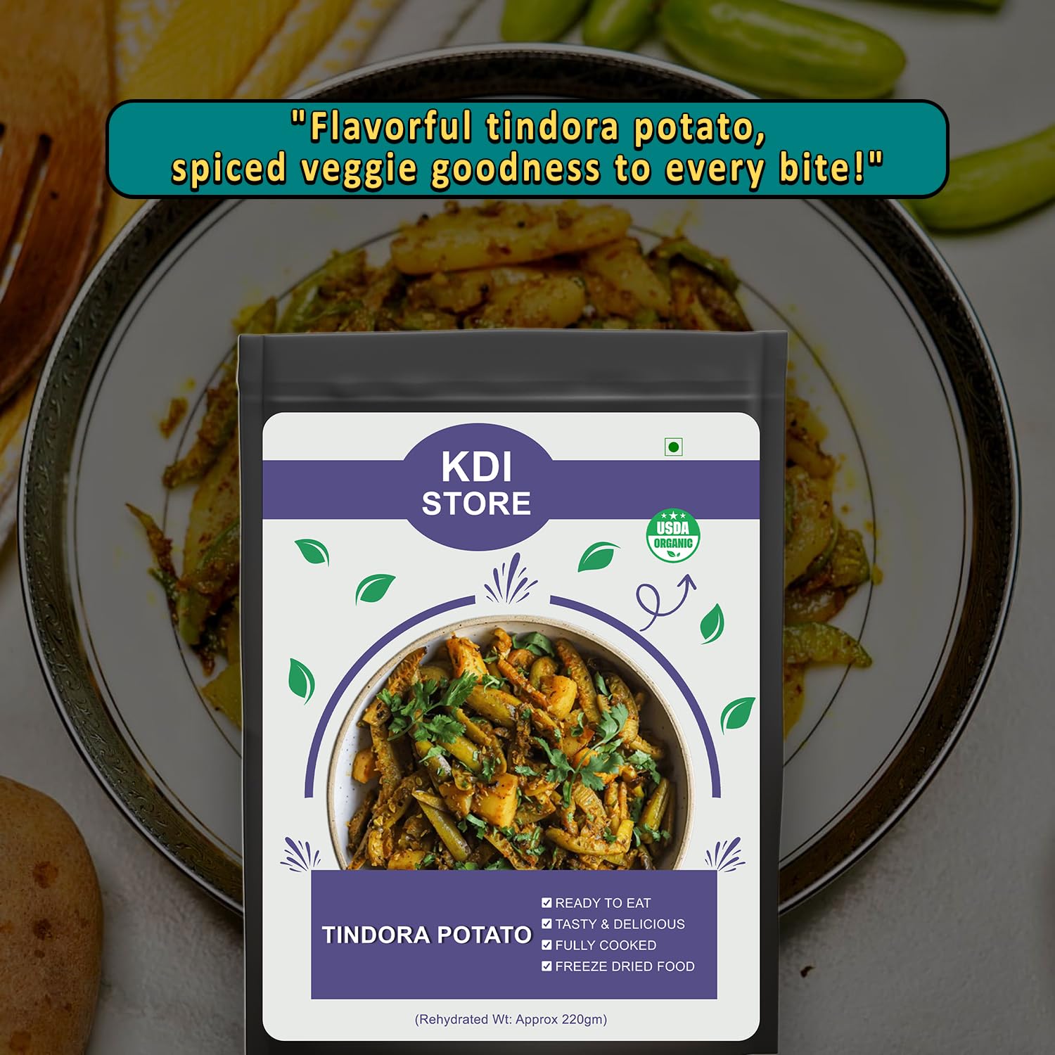 KDI Store Tindora Potato, Ready to Eat Indian Curry, Freeze Dried Food, USDA Organic, Fully Cooked,55g