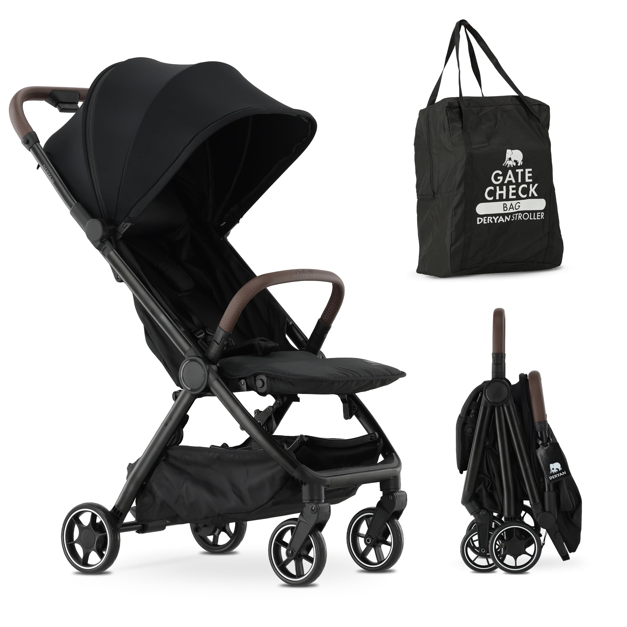Deryan Air Travel Buggy - Pour enfants de la naissance jusqu'à 22 kg, 0 à 4 ans - Avec fonction couchage - Ultra légère 8 kg - Pliable d'une seule main Pour Avion - UPF 50+, Panier jusqu'à 5 kg - Noir