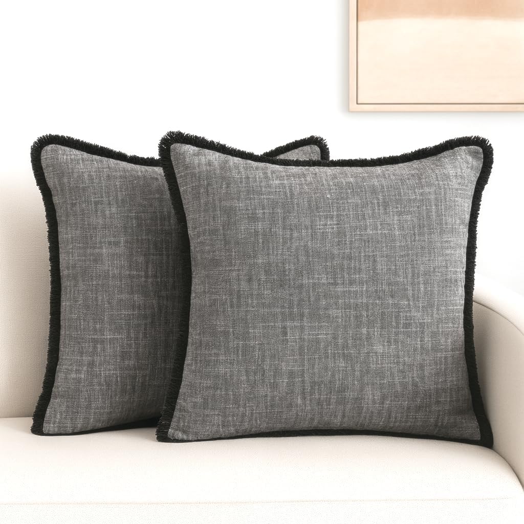 Textured Cotton Pillow Covers with Fringe Boho Farmhouse Cushion Cover with Decorative Tassels Linen Like Accent Pillowcases for Bed Couch Chair Sofa Living Room 20×20 Inch Gray Pack of 2 - Image 9