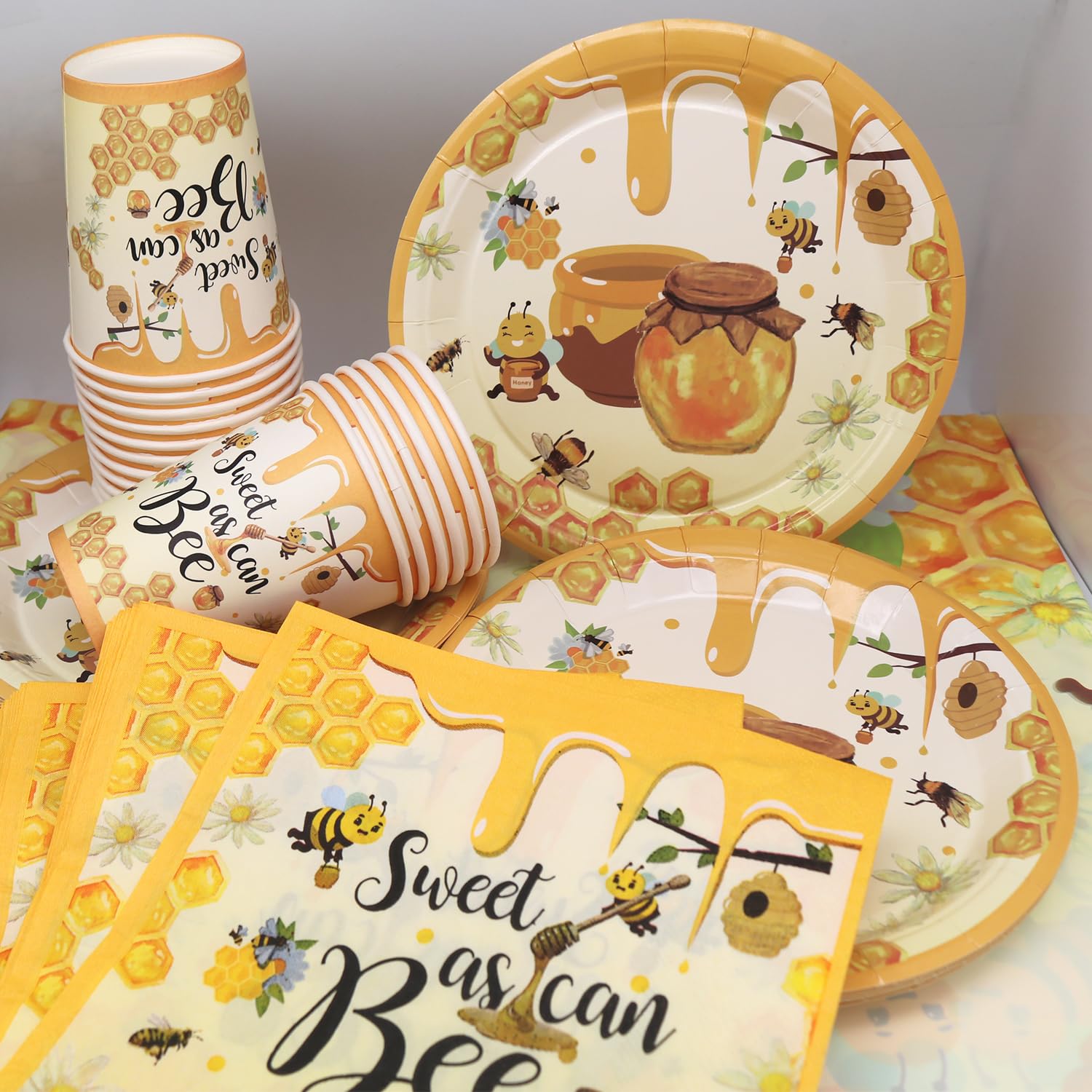 Set di stoviglie per feste di ape, 61 pezzi, decorazioni per feste di compleanno, piatti di carta, asciugamani di carta, tovaglie, primavera, pic-nic a tema stoviglie, battesimo di un bambino